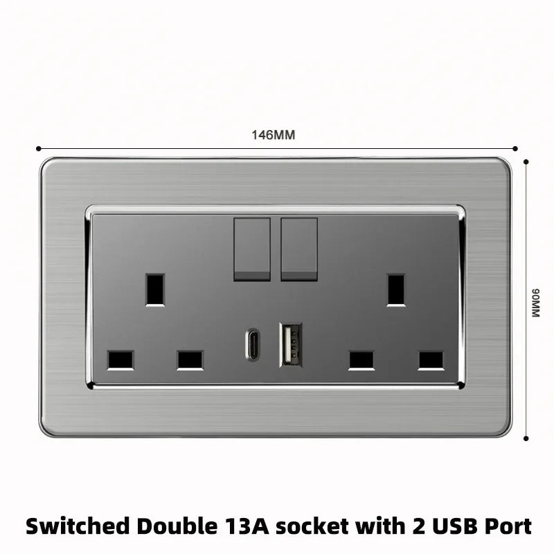 Grey Stainless Steel Metal Uk 13A Wall 220V Light Switch with Electrical Socket, Smart Type-c Fast Charging Wall USB C Socket