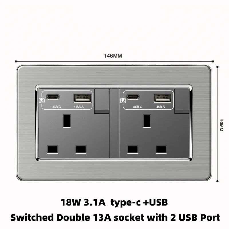 Grey Stainless Steel Metal Uk 13A Wall 220V Light Switch with Electrical Socket, Smart Type-c Fast Charging Wall USB C Socket