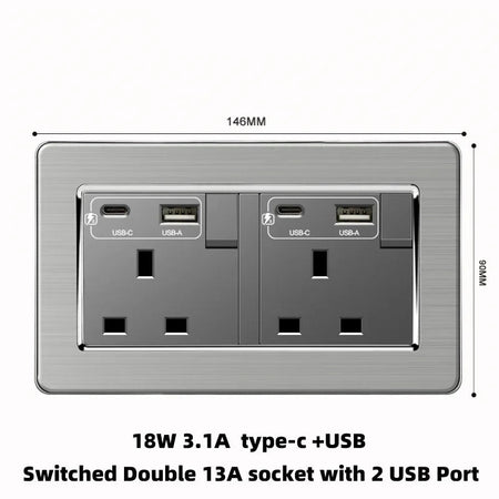 Grey Stainless Steel Metal Uk 13A Wall 220V Light Switch with Electrical Socket, Smart Type-c Fast Charging Wall USB C Socket