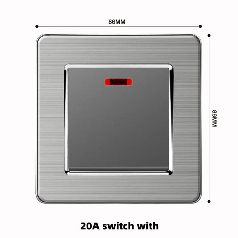 Grey Stainless Steel Metal Uk 13A Wall 220V Light Switch with Electrical Socket, Smart Type-c Fast Charging Wall USB C Socket