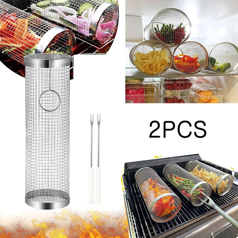 Grill Basket BBQ Grill Basket Rolling Grilling Basket Stainless Steel Grill Mesh Useful Barbeque Grill Accessories Portable