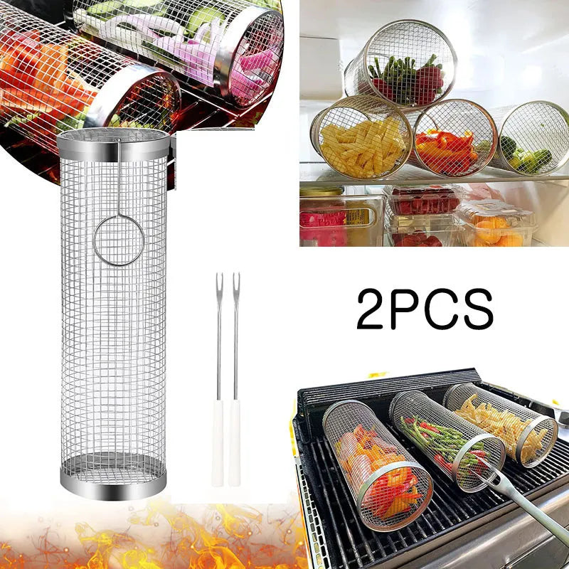 Grill Basket BBQ Grill Basket Rolling Grilling Basket Stainless Steel Grill Mesh Useful Barbeque Grill Accessories Portable