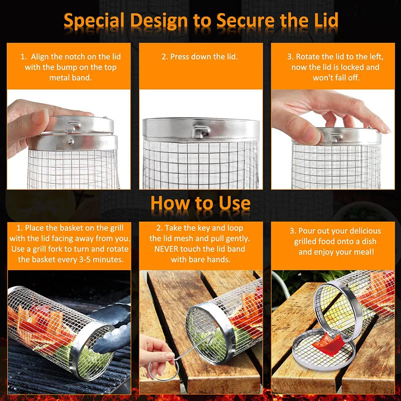 Grill Basket BBQ Grill Basket Rolling Grilling Basket Stainless Steel Grill Mesh Useful Barbeque Grill Accessories Portable