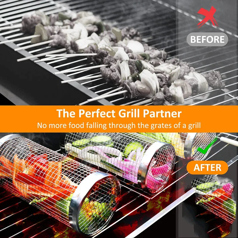 Grill Basket BBQ Grill Basket Rolling Grilling Basket Stainless Steel Grill Mesh Useful Barbeque Grill Accessories Portable