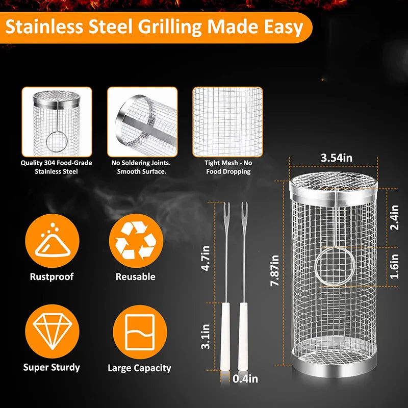 Grill Basket BBQ Grill Basket Rolling Grilling Basket Stainless Steel Grill Mesh Useful Barbeque Grill Accessories Portable
