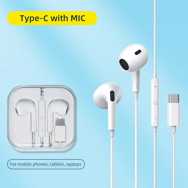 Half-In-Ear Wired Headphones HiFi Music Earbud Handfree Earphone Type-C 3.5mm With Mic For Android Samsung Xiaomi Tablet Laptops Type C With MIC