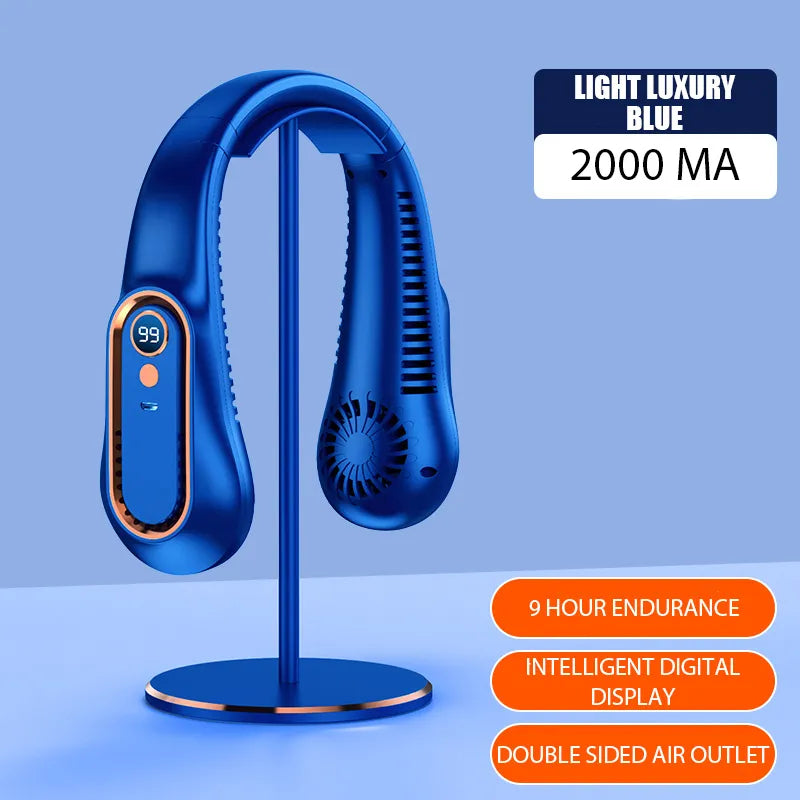 Hanging Neck Fan Digital Display Power ventilador Bladeless Neckband Fan Portable Mini Air Cooler USB Rechargeable Fan Blue