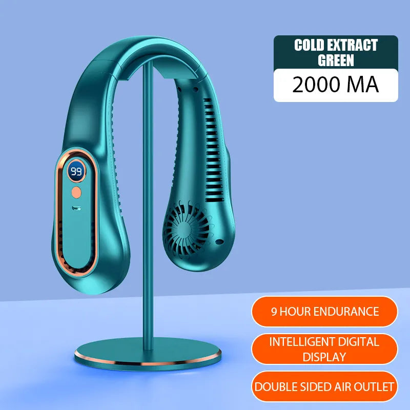 Hanging Neck Fan Digital Display Power ventilador Bladeless Neckband Fan Portable Mini Air Cooler USB Rechargeable Fan Green