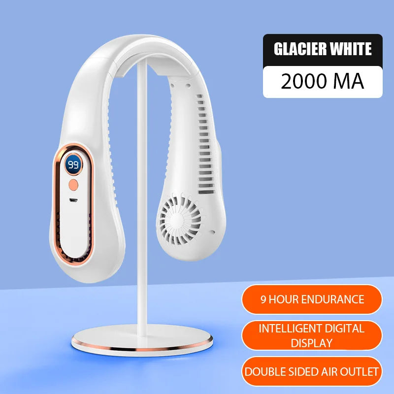 Hanging Neck Fan Digital Display Power ventilador Bladeless Neckband Fan Portable Mini Air Cooler USB Rechargeable Fan White
