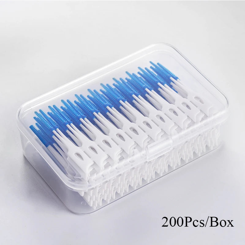 Interdental Silicone Brushes 200 Units Dental Toothpicks Brush Between Teeth   With Thread Oral Cleaning Tools Blue