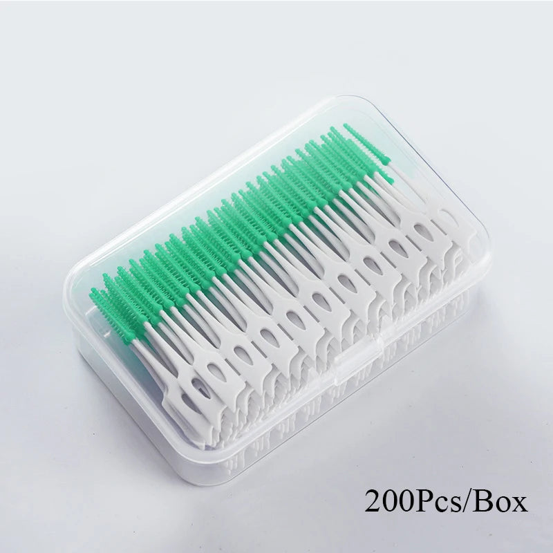 Interdental Silicone Brushes 200 Units Dental Toothpicks Brush Between Teeth   With Thread Oral Cleaning Tools Green