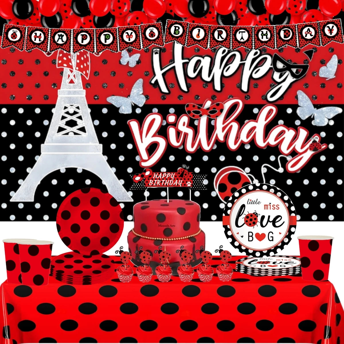 Ladybug Birthday Party Decoration Black Dot Disposable Tableware Set
