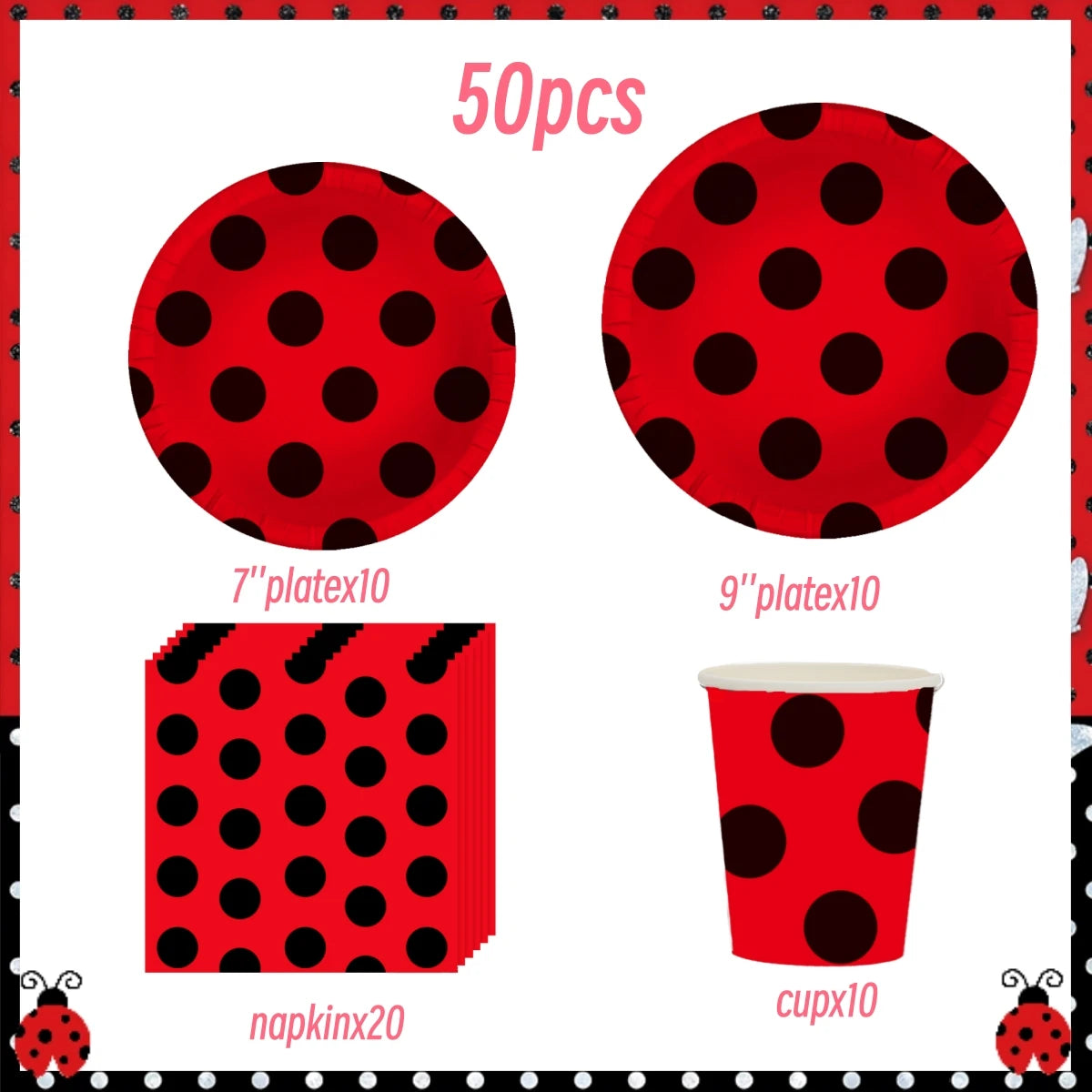 Ladybug Birthday Party Decoration Black Dot Disposable Tableware Set BPPZ-50PCS