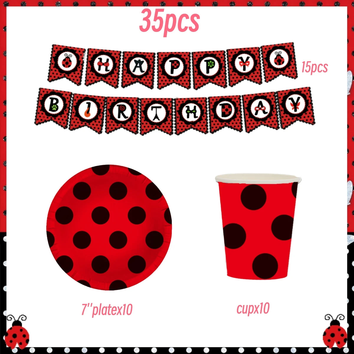 Ladybug Birthday Party Decoration Black Dot Disposable Tableware Set BPQ-35PCS