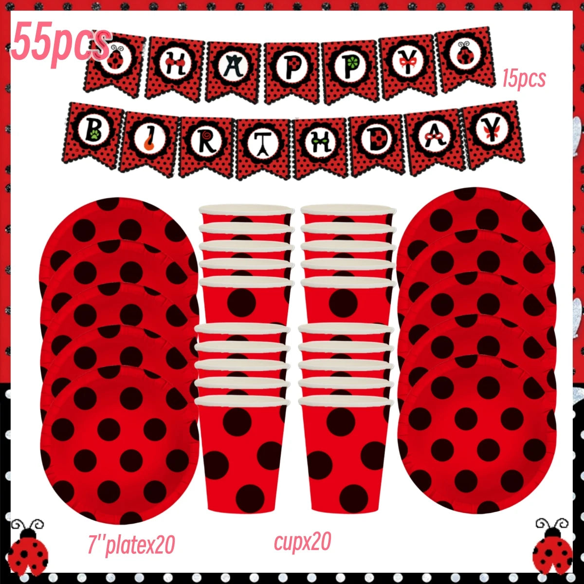 Ladybug Birthday Party Decoration Black Dot Disposable Tableware Set BPQ-55PCS