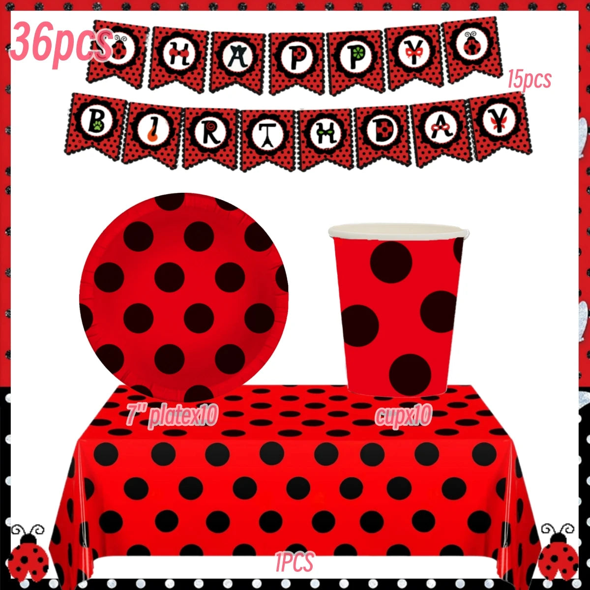 Ladybug Birthday Party Decoration Black Dot Disposable Tableware Set BPQZ-36PCS