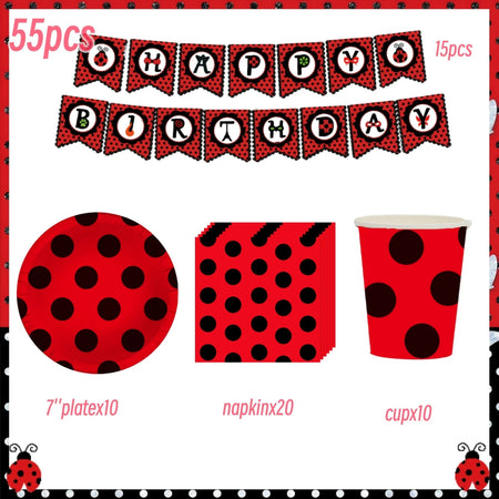 Ladybug Birthday Party Decoration Black Dot Disposable Tableware Set BPQZ-55PCS