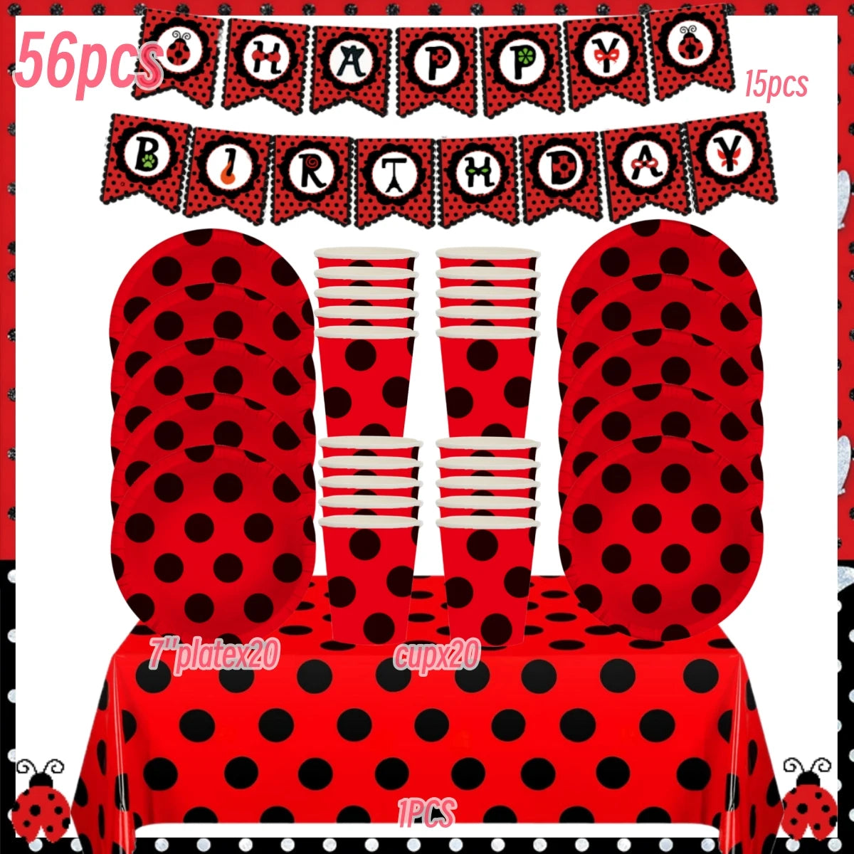 Ladybug Birthday Party Decoration Black Dot Disposable Tableware Set BPQZ-56PCS