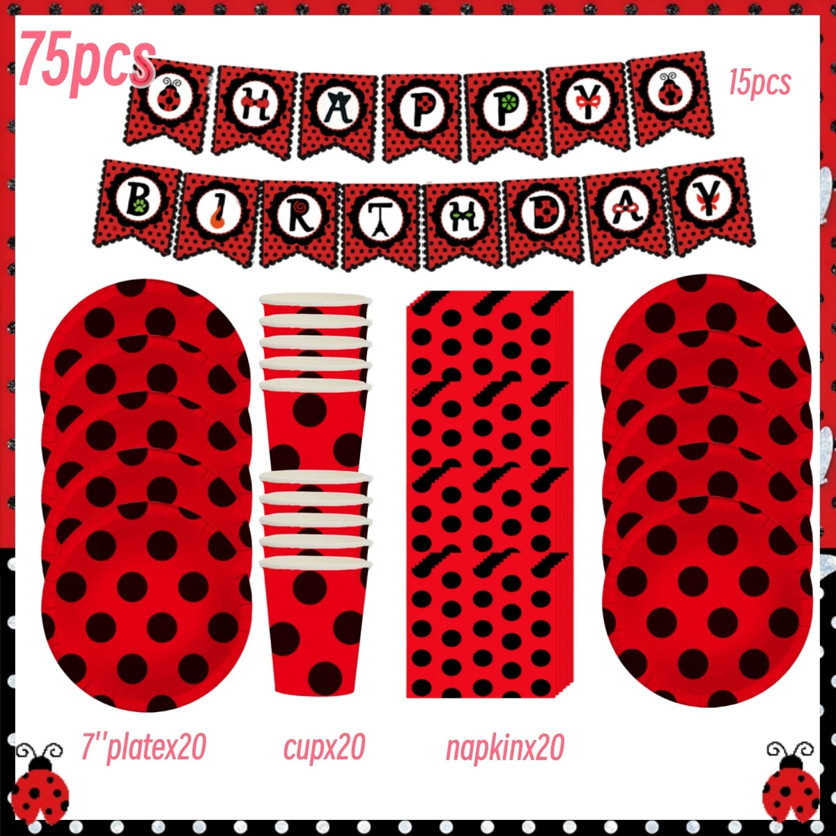 Ladybug Birthday Party Decoration Black Dot Disposable Tableware Set BPQZ-75PCS
