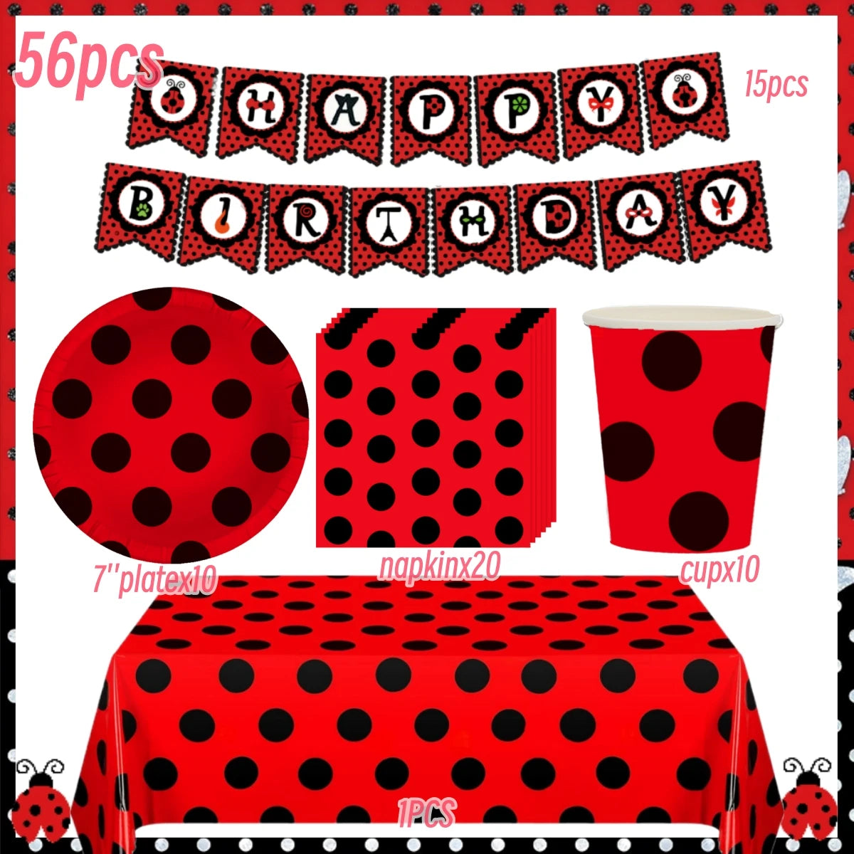 Ladybug Birthday Party Decoration Black Dot Disposable Tableware Set BPQZZ-56PCS