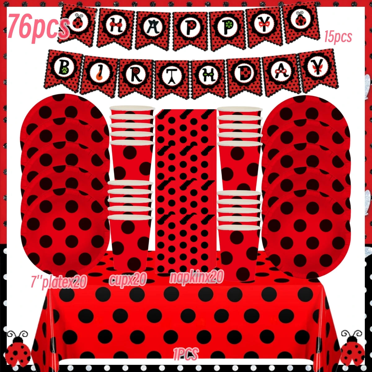 Ladybug Birthday Party Decoration Black Dot Disposable Tableware Set BPQZZ-76PCS
