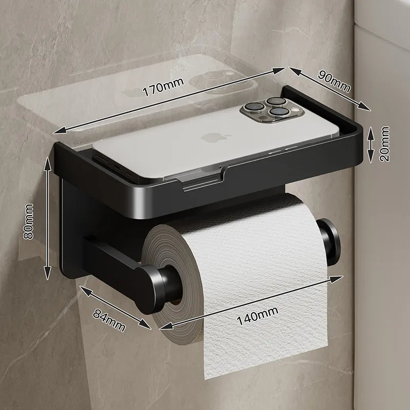 Large Toilet Paper Holder Wall-Mounted Paper Roll Holder With Storage Tray Toilet Organizer Phone Stand Bathroom Accessories B black