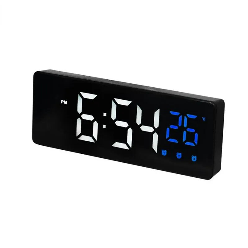 LED Digital Alarm Clock Snooze Temperature Date Display USB Desktop Strip Mirror LED Clocks for Living Room Decoration B Black Blue / CHINA