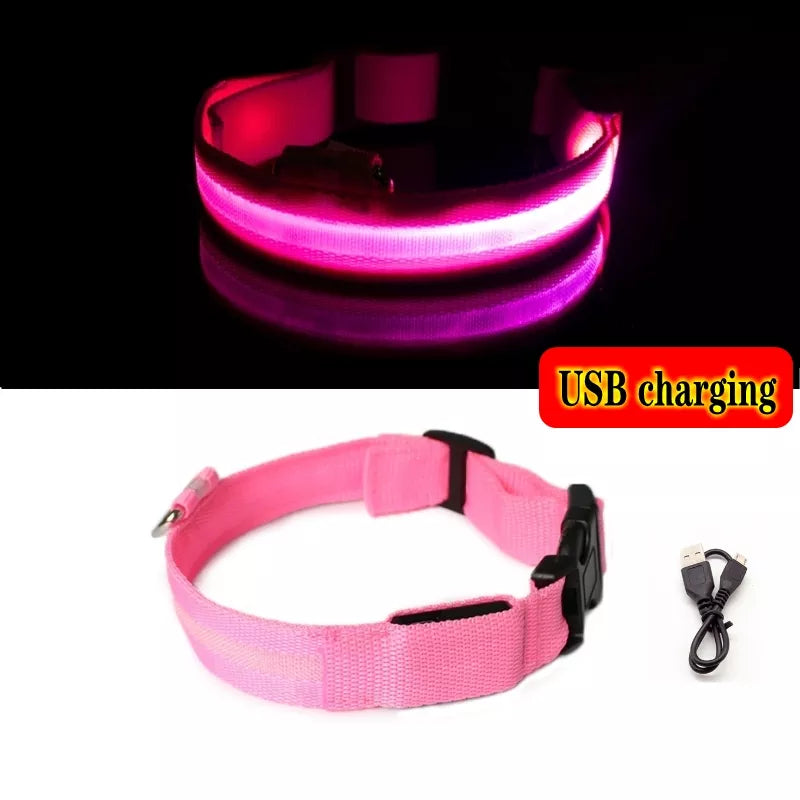 Led Dog Collar Light Anti-lost Collar For Dogs Puppies  Night Luminous Supplies Pet Products Accessories USB Charging/Battery Pink USB charging / XL