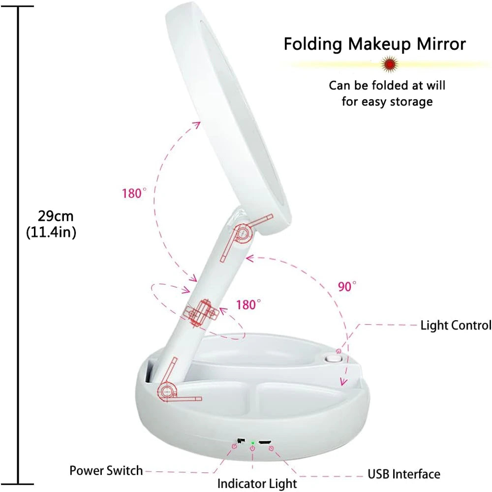 LED Foldable Makeup Mirror With Light 10X Magnifying Dual Purpose Double-Sided Mirror USB Charging Or Battery Powered