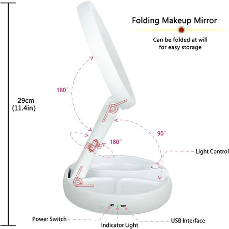 LED Foldable Makeup Mirror With Light 10X Magnifying Dual Purpose Double-Sided Mirror USB Charging Or Battery Powered