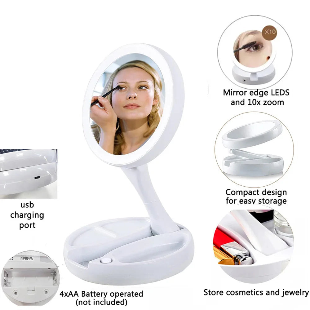 LED Foldable Makeup Mirror With Light 10X Magnifying Dual Purpose Double-Sided Mirror USB Charging Or Battery Powered