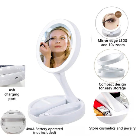 LED Foldable Makeup Mirror With Light 10X Magnifying Dual Purpose Double-Sided Mirror USB Charging Or Battery Powered