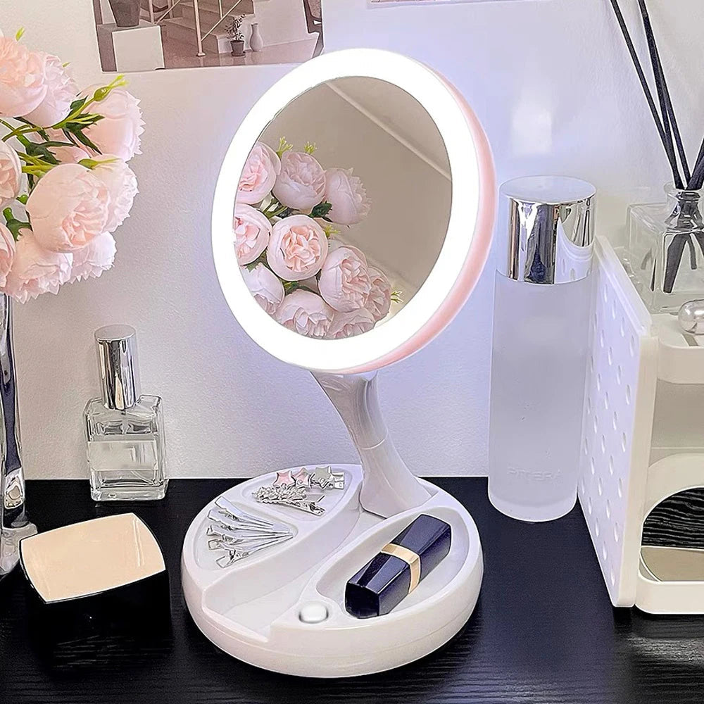 LED Foldable Makeup Mirror With Light 10X Magnifying Dual Purpose Double-Sided Mirror USB Charging Or Battery Powered White / &amp;gt;8