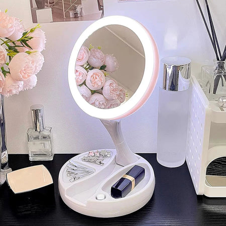 LED Foldable Makeup Mirror With Light 10X Magnifying Dual Purpose Double-Sided Mirror USB Charging Or Battery Powered White / &amp;gt;8