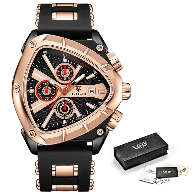 LIGE Sports Triangle Mens Watches Luminous Pointers Fashion Rubber Strap Military Irregular Quartz Wristwatch Waterproof  Watch