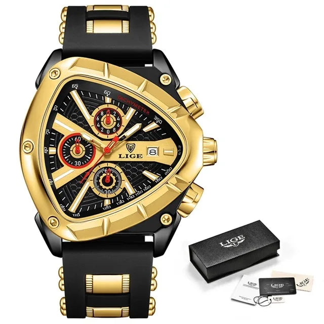 LIGE Sports Triangle Mens Watches Luminous Pointers Fashion Rubber Strap Military Irregular Quartz Wristwatch Waterproof  Watch