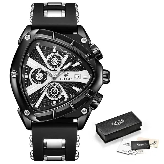LIGE Sports Triangle Mens Watches Luminous Pointers Fashion Rubber Strap Military Irregular Quartz Wristwatch Waterproof  Watch