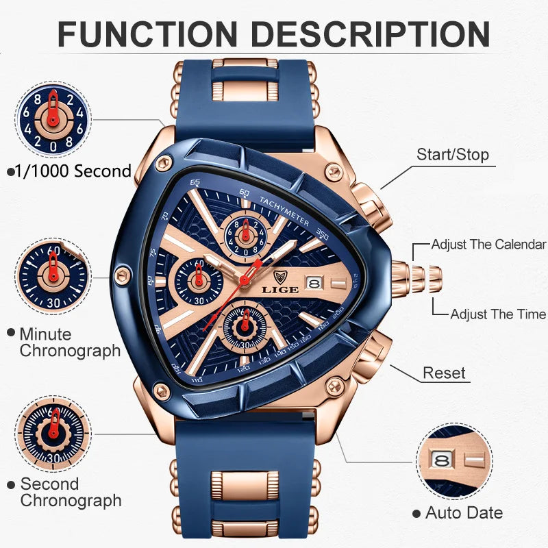 LIGE Sports Triangle Mens Watches Luminous Pointers Fashion Rubber Strap Military Irregular Quartz Wristwatch Waterproof  Watch