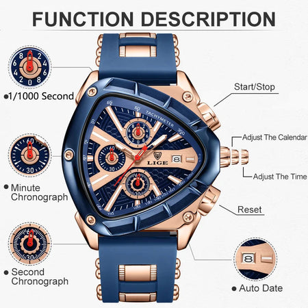 LIGE Sports Triangle Mens Watches Luminous Pointers Fashion Rubber Strap Military Irregular Quartz Wristwatch Waterproof  Watch