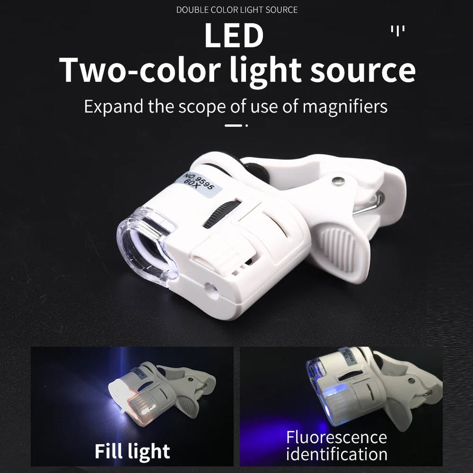LUXIANZI 60X/100X Mobile Phone Microscope With LED UV Lens Macro Zoom Phone Universal Mobile Magnifying Glass Camera Clip