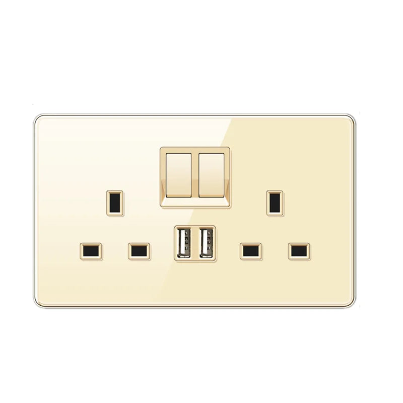 Luxury All Tempered Glass Wall Lamp Switch Button Golden UK Plug 13A Universal Wall Socket with Usb ,220V2gang2way Dimmer Switch 146 UK USB