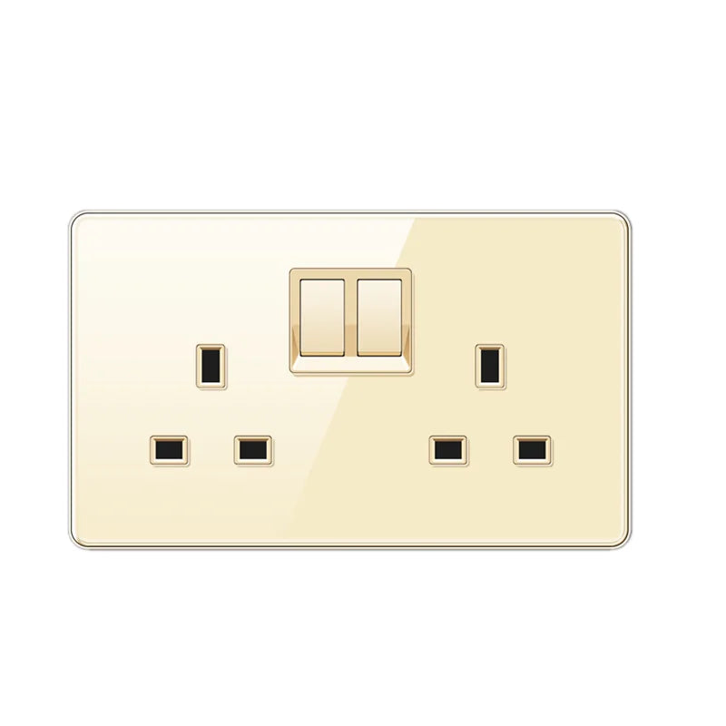 Luxury All Tempered Glass Wall Lamp Switch Button Golden UK Plug 13A Universal Wall Socket with Usb ,220V2gang2way Dimmer Switch 2gang13A
