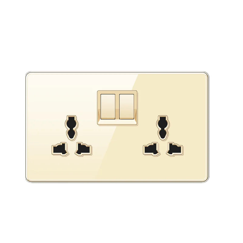 Luxury All Tempered Glass Wall Lamp Switch Button Golden UK Plug 13A Universal Wall Socket with Usb ,220V2gang2way Dimmer Switch