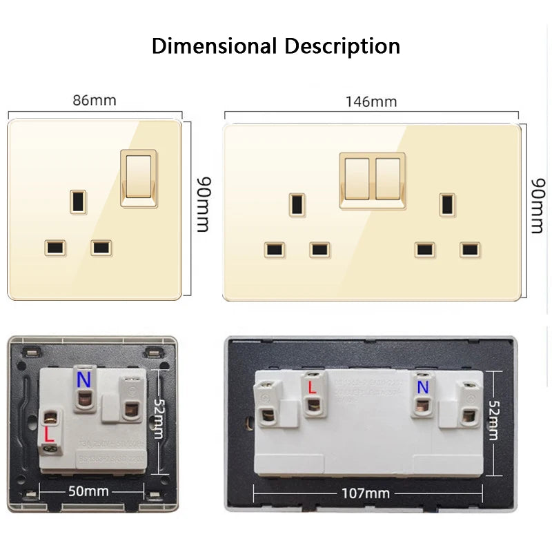 Luxury All Tempered Glass Wall Lamp Switch Button Golden UK Plug 13A Universal Wall Socket with Usb ,220V2gang2way Dimmer Switch