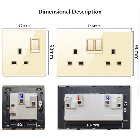 Luxury All Tempered Glass Wall Lamp Switch Button Golden UK Plug 13A Universal Wall Socket with Usb ,220V2gang2way Dimmer Switch