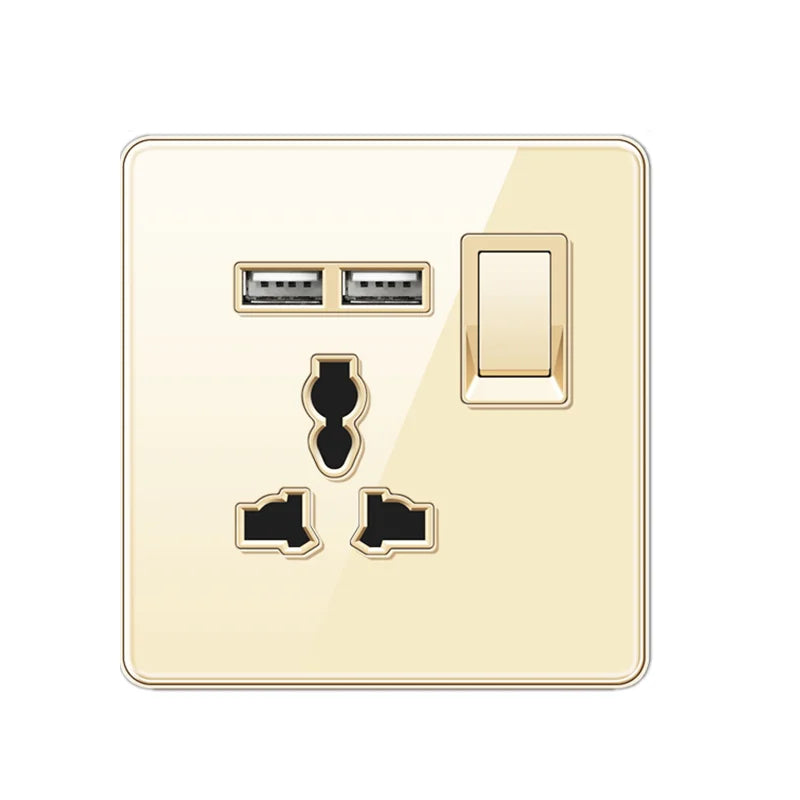Luxury All Tempered Glass Wall Lamp Switch Button Golden UK Plug 13A Universal Wall Socket with Usb ,220V2gang2way Dimmer Switch
