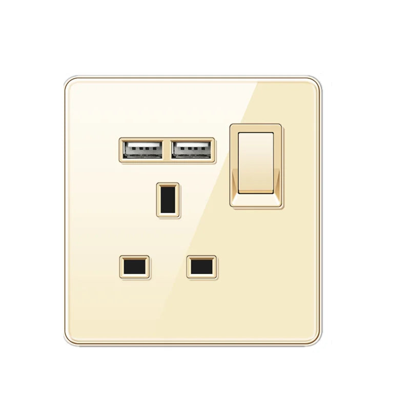 Luxury All Tempered Glass Wall Lamp Switch Button Golden UK Plug 13A Universal Wall Socket with Usb ,220V2gang2way Dimmer Switch UK USBsocket