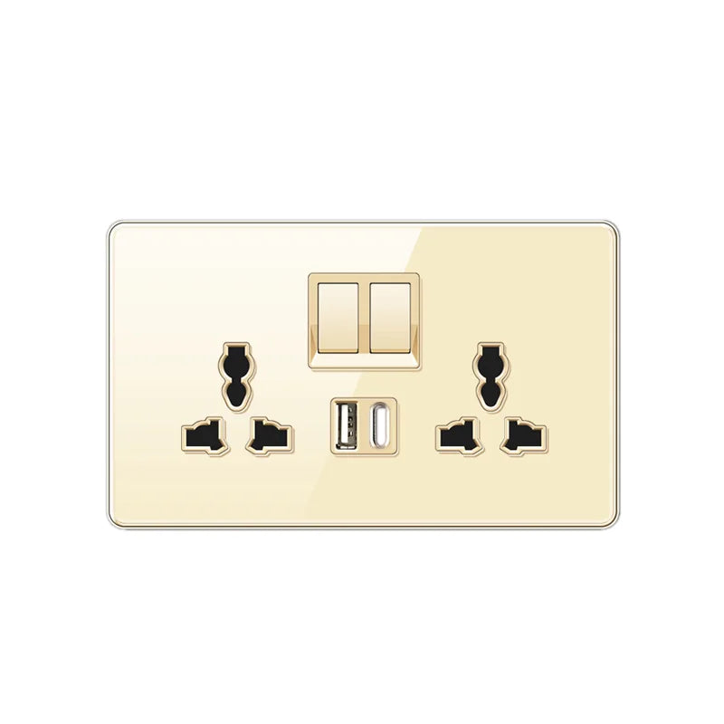 Luxury All Tempered Glass Wall Lamp Switch Button Golden UK Plug 13A Universal Wall Socket with Usb ,220V2gang2way Dimmer Switch usb c socket