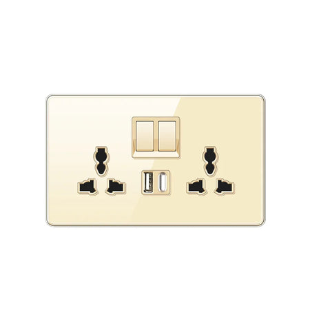 Luxury All Tempered Glass Wall Lamp Switch Button Golden UK Plug 13A Universal Wall Socket with Usb ,220V2gang2way Dimmer Switch usb c socket