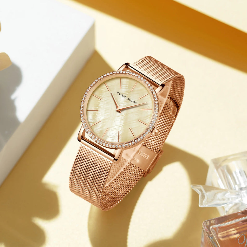 Luxury Women Watch Japanese Quartz Movement Shell Dial Rhinestone Stainless Steel Fashion Gift Box Waterproof Ladies Wristwatch